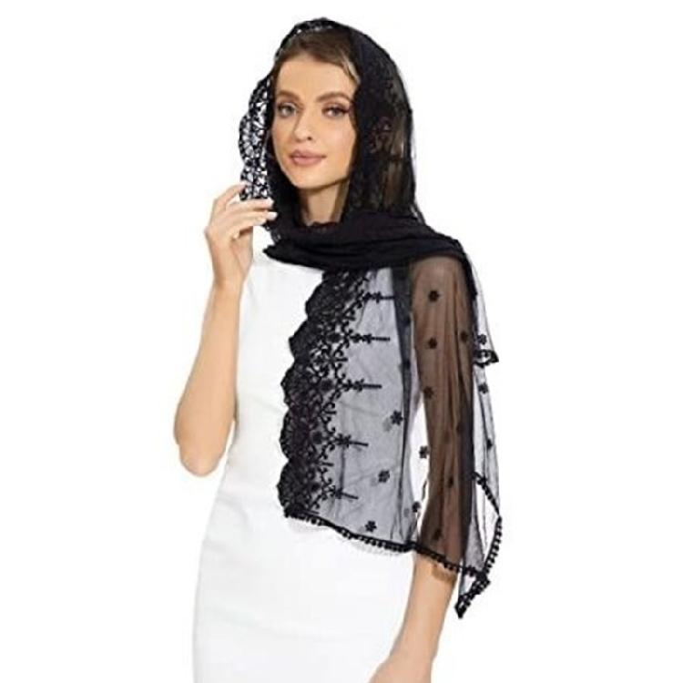 

Lace Shawl Wrap for Women Church Attendance Mass Headscarf Mantilla Turban Veil Headcover for Religious Event Gathering 1 чорний