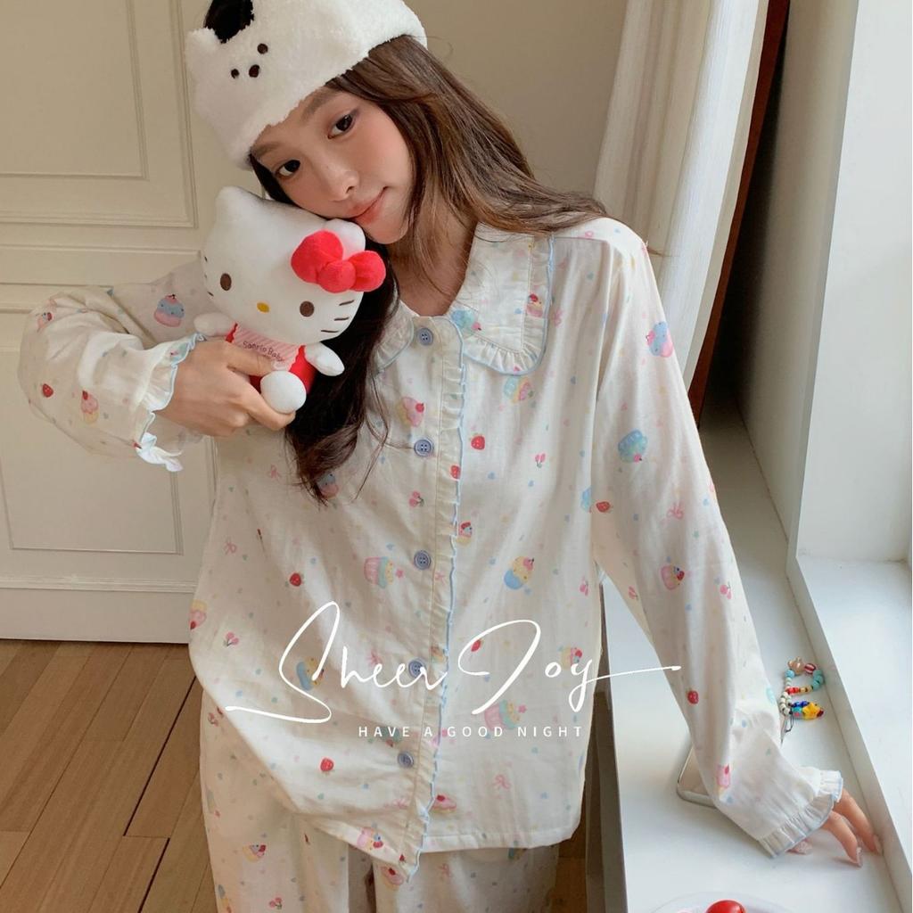 New Xiaohongshu pure cotton A gauze women's loungewear long sleeves trousers pajamas women's autumn jasmine tea