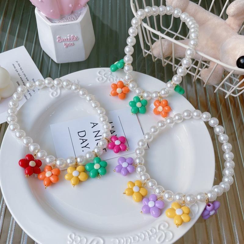New Korean‑Style Handmade Pet Flower Pearl Necklace Summer Rainbow Color Neck Collar for Cats Dogs