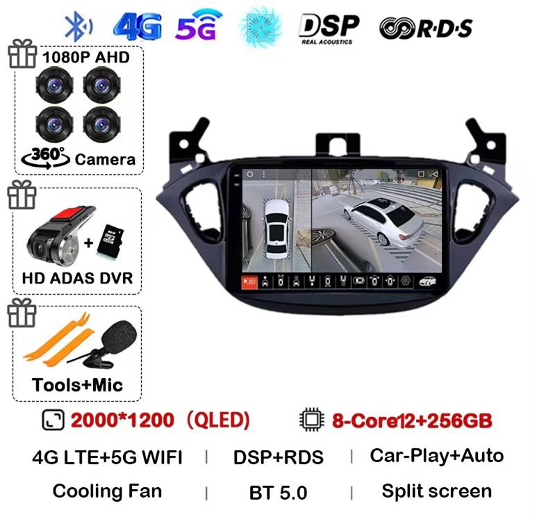 Android 14 Carplay Auto WIFI+4G For Opel Corsa E 2015-2019 For Opel Adam 2013-2016 Car Radio GPS Multimedia Video Player Stereo