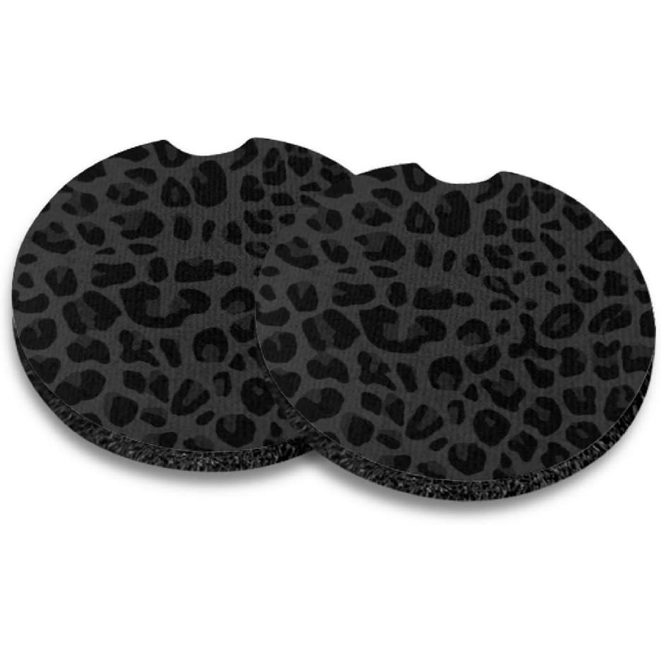 Leopard Spots Auto ert Coaster, Vivid Cheetah Skin 2.8 Inch Auto Car Cup Holder Coasters Rubber Anti-Slip Drink Car Cup Mat, Black Gray Cute Car