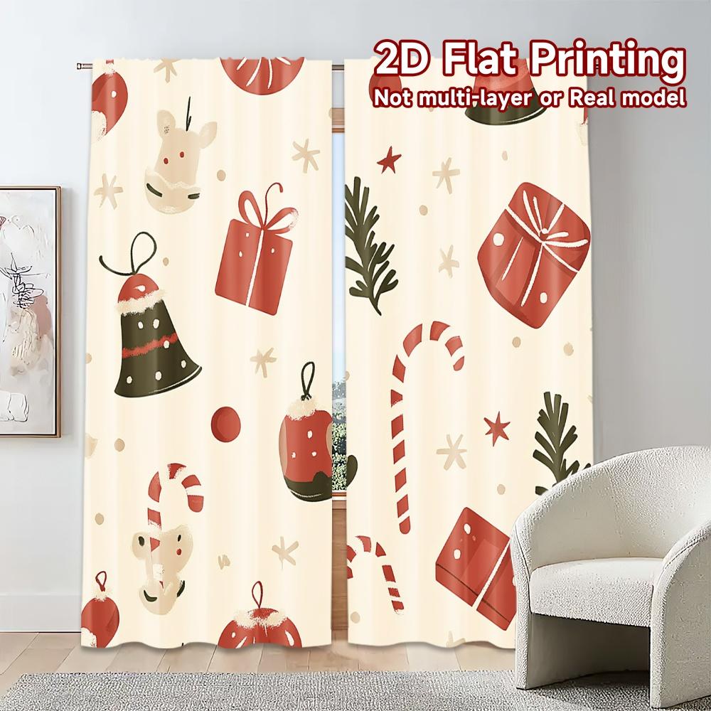 2pcs,Curtains Christmas Baubles Candy Canes Gifts (4) Chic Curtains Machine Washable Fabric Curtains Decorations For Home Use