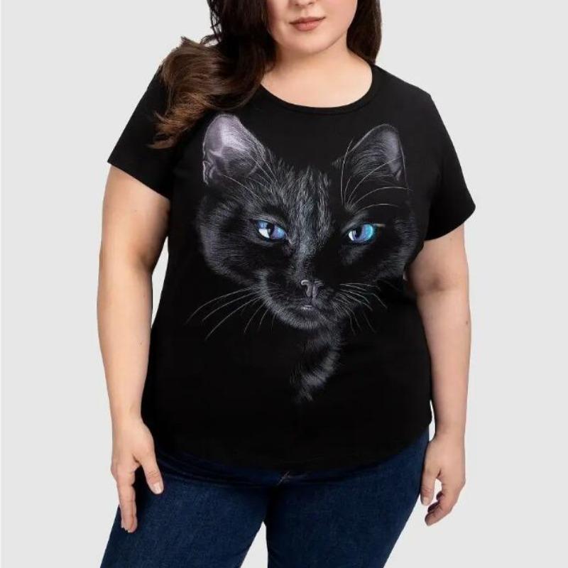 

Женские футболки Летние повседневные топы с коротким рукавом Футболка с круглым вырезом Мода Уличная одежда Женская одежда оверсайз Футболки с мультяшным котом XL