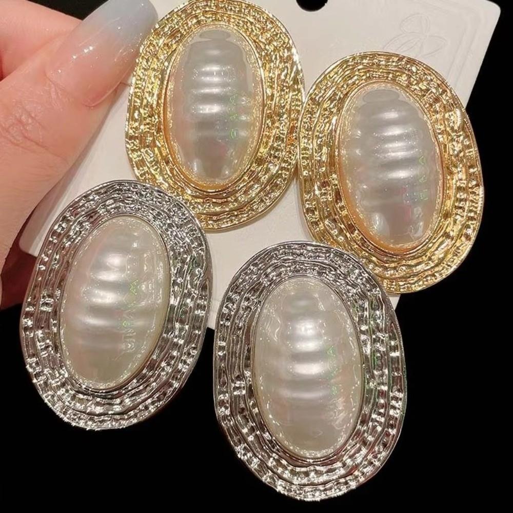 Imitation Oval Metal Pearl Earrings Gold Geometric Exaggerated Earrings Large Stud Earrings  Gift