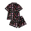 Damen Casual Mode Weihnachts-Print Kurzärmeliges Hausanzug-Set mit Knopfleiste, Kurzarm-T-Shirt und Shorts