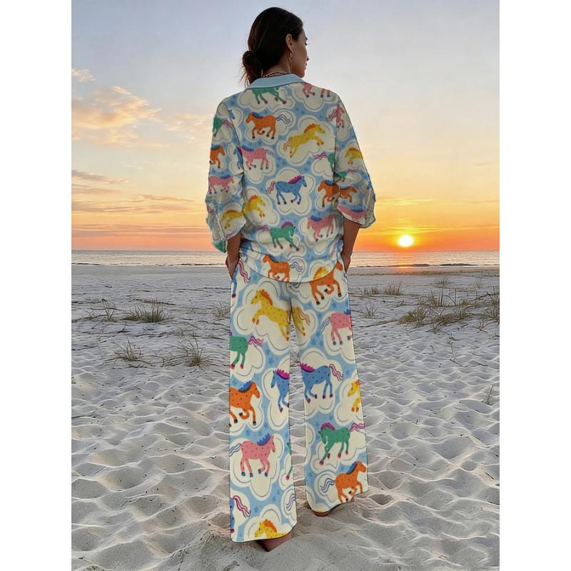 Childlike color pony print shirt wide leg pants two-piece set for women cute casual resort style long-sleeved trousers suit