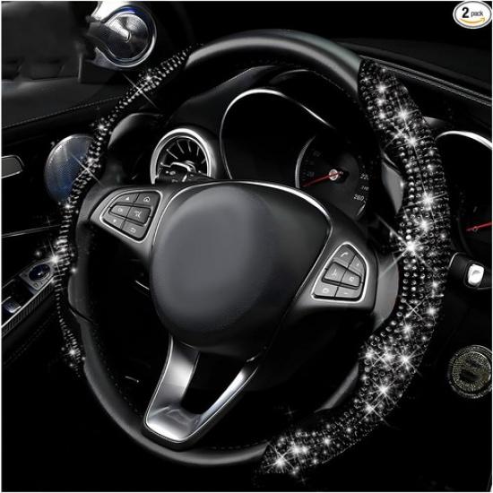 2 PCS Steering Wheel Cover, 15 Inches Crystal Diamond Bling Cover-Black