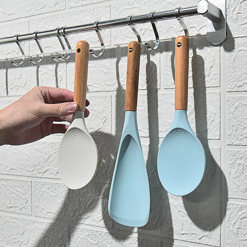 1PC Vertical Wooden Handle Silicone Kitchen Utensils Non Stick Pots Cooking Shovels Spoons Kitchen Utensils