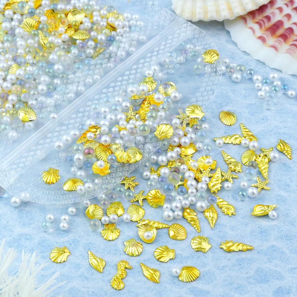 1pack Y2K Metal 3D Nail Art Charms with Conch, Starfish, Seashell Metal Rivets Nail Parts, Pearl Rhinestone Decoration, Summer Nail Supplies
