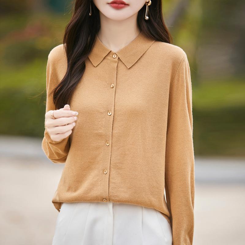 Worsted Wool PO Neck Knitted Cardigan Spring New Solid Color Loose Versatile Top Jacket Women