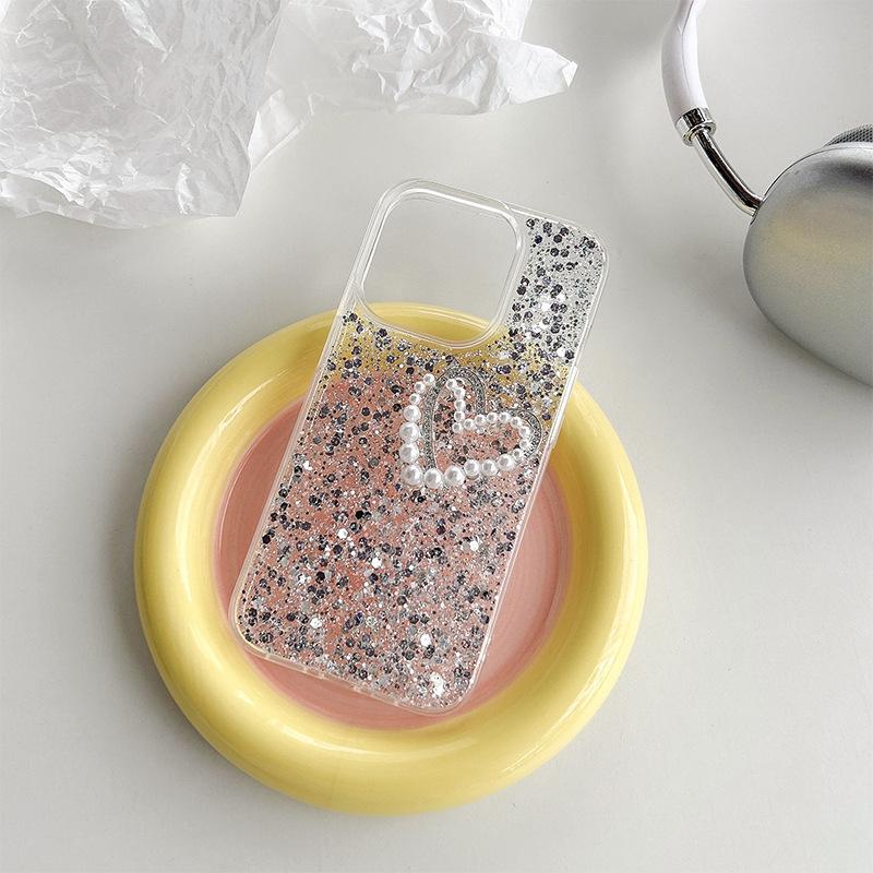 Pearl Bow Pendant Love Phone Case for IPhone16Promax Epoxy Sequins for Apple 17 Female Model