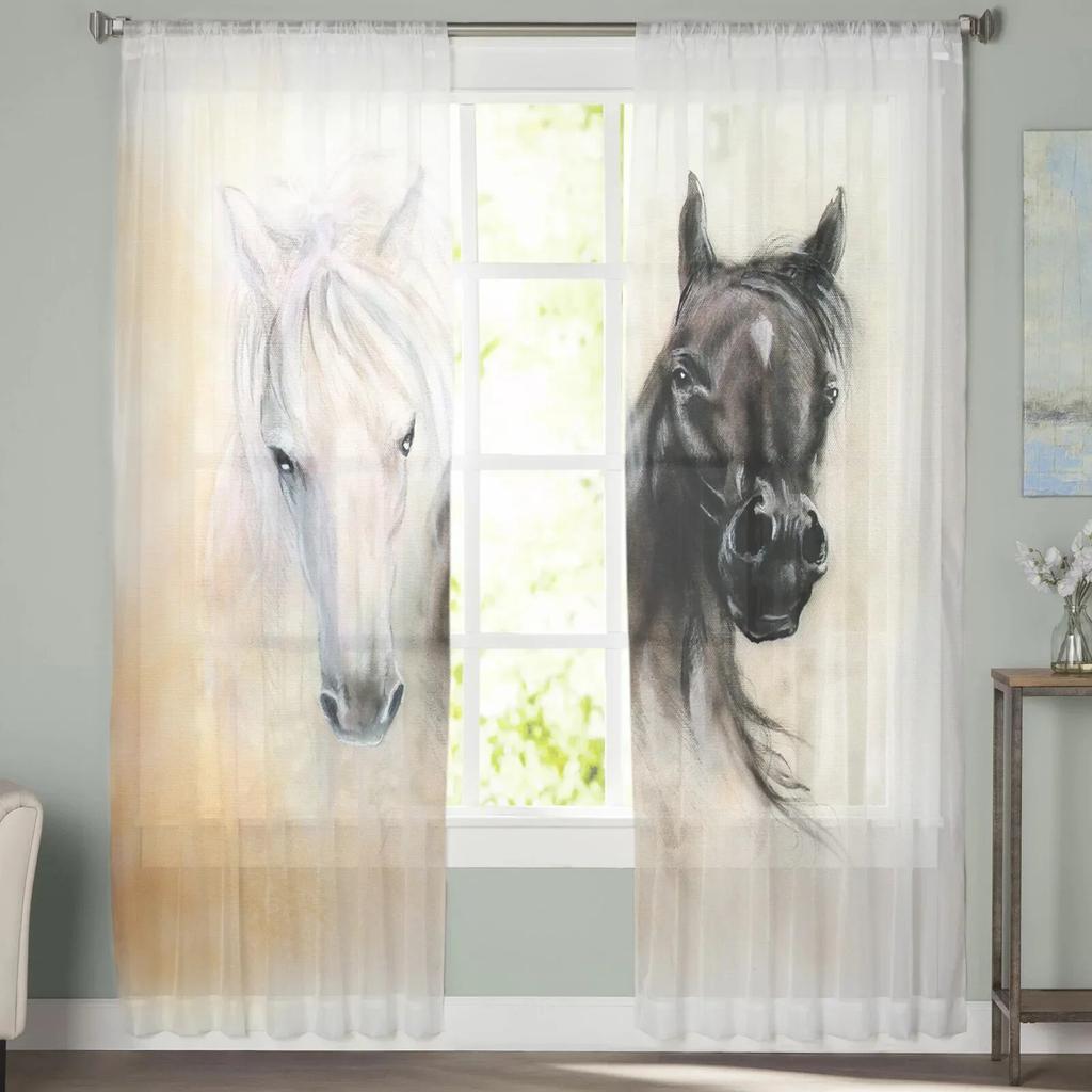Black White Horse Watercolor Painting Tulle Sheer Window Curtains for Living Room Kitchen Children Bedroom Voile Hanging Curtain