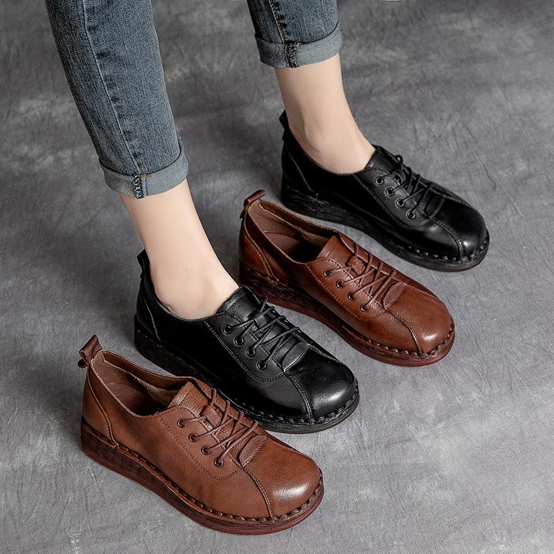 Fashion GKTINOO Genuine Leather Soft Sole Women's Shoes 2025 Spring New Vintage Round Toe Lace-up Versatile Comfortable Flat Shoes