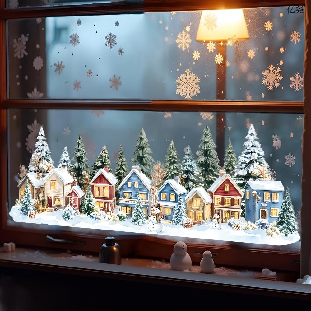 1pc 1D Flat Static Window Clings Featuring Winter Snow Houses, Pine Trees, Snowmen, And Snowflakes, Glueless Static Adhesion