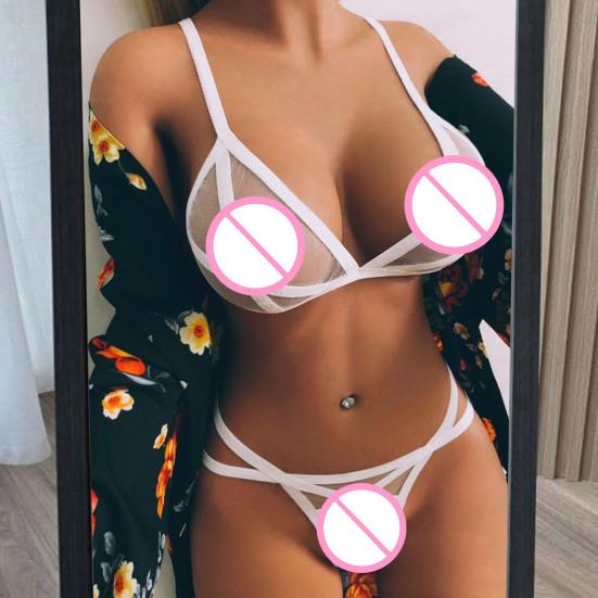2 Pcs/Set Bra Panties Set See-through Mesh Hollow Out Solid Color Elastic Strap Decor Thin High Waist Wedding Night Honeymoon Underwear Set
