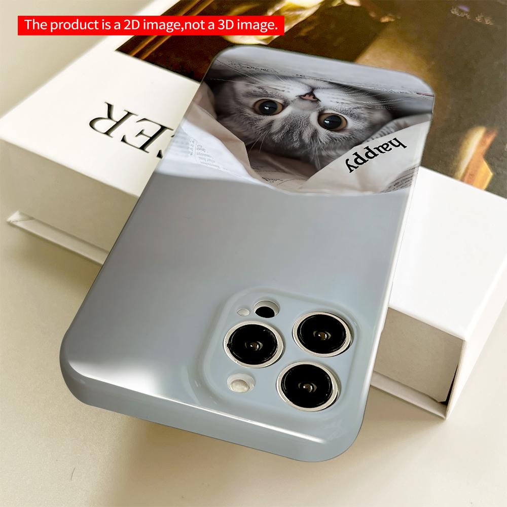 Cute Cat Under Newspaper with “Happy” Text All Inclusive Film Hard Phone Case, Compatible with iPhone 18 Pro Max 17 16 15 14 13 12 11