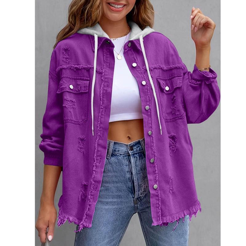 Damska Jeansowa Kurtka z Kapturem Luźny Krój Oversize Streetwear Długi Rękaw Z Efektem Zniszczenia