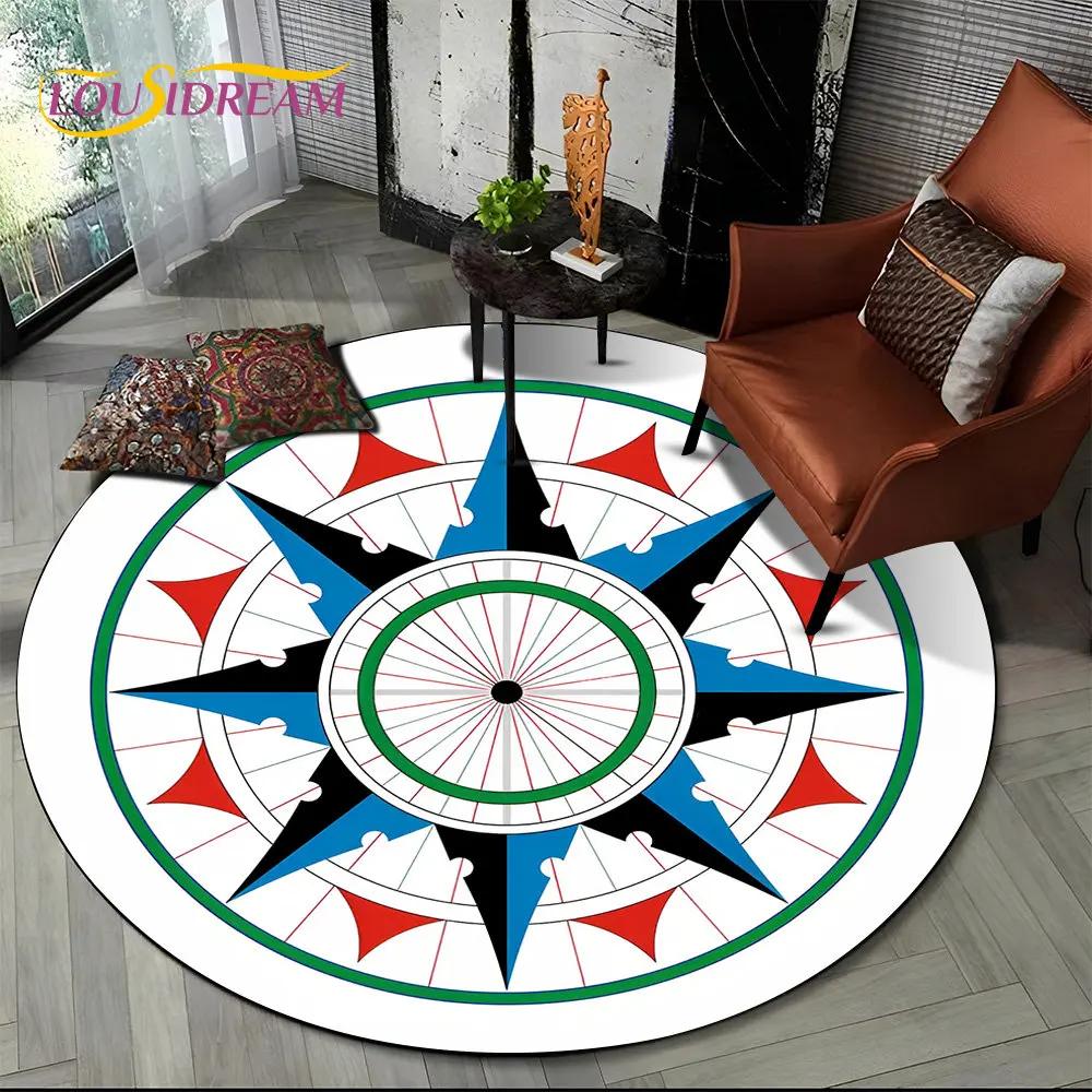 3D Retro Kompass Serie Kreis Teppich,Runder Teppich für Wohnzimmer Schlafzimmer Sofa Fußmatte Dekor Rutschfeste Bodenmatte Geschenk