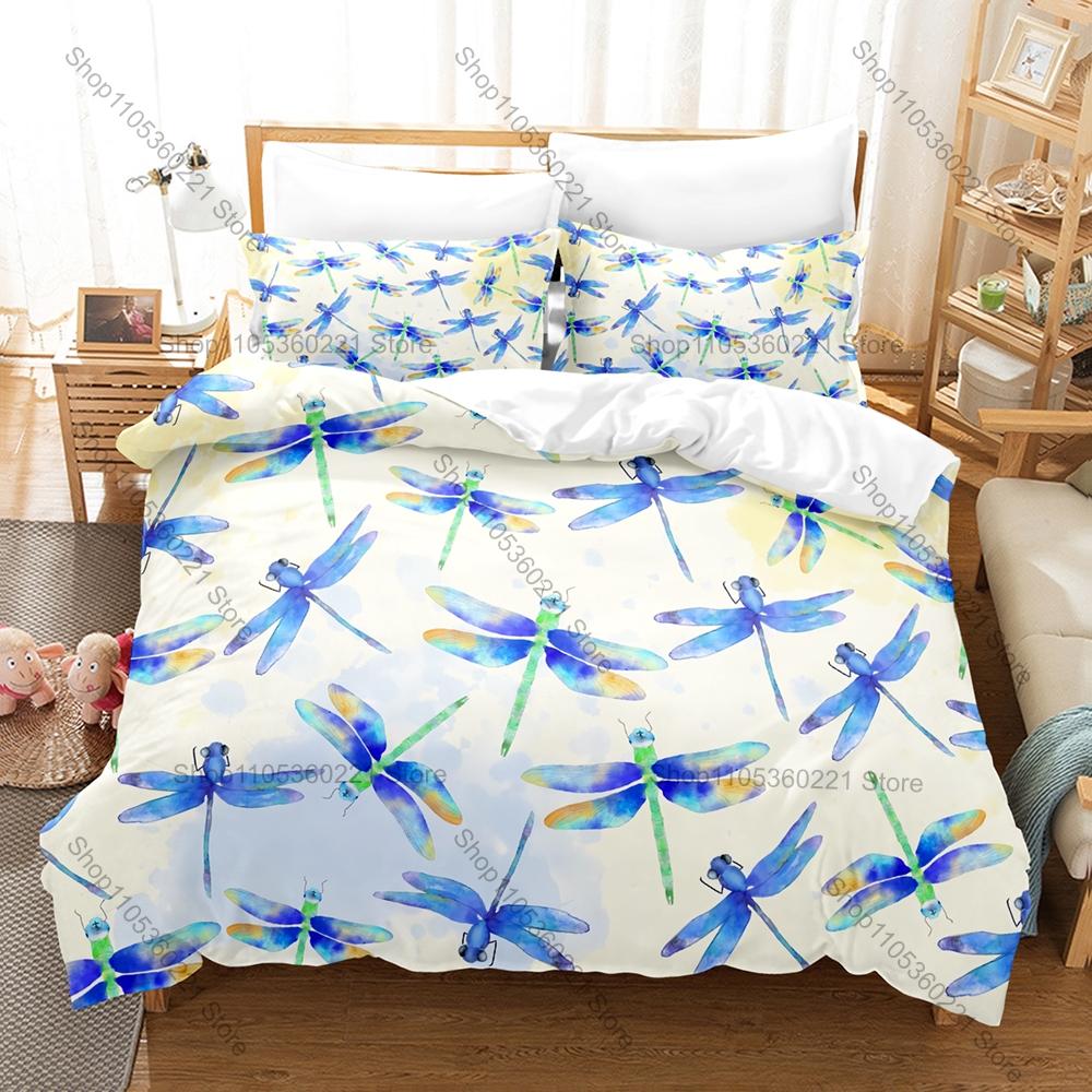 Cute Cartoon Dragonfly 3 Piece Bedding Set Soft Microfiber Duvet Cover Set with Pillowcases for Kids Bedroom Decor All Season