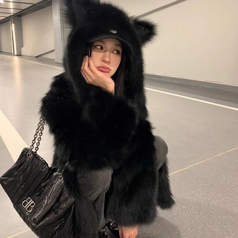 

New imitation fox fur light fur coat hooded ears cute fluffy autumn and winter thickened medium and long coat S