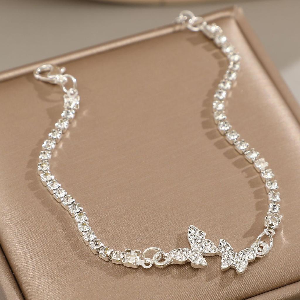 Butterfly Bracelets For Women Zinc Alloy Bowknot Silver Color Light Luxury Full Diamond Versatile Pull-out Bracelet