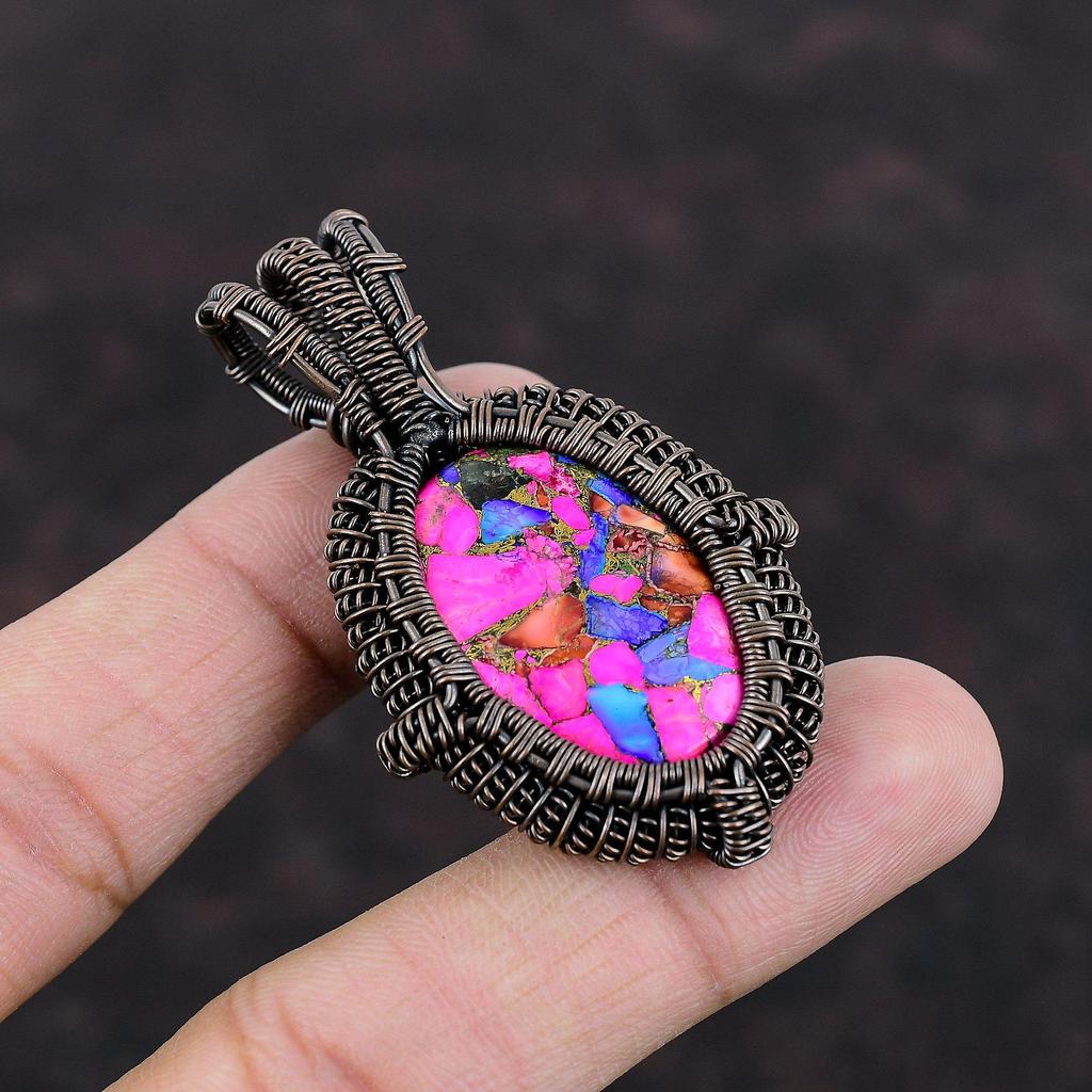 Natural Kingman Pink Dahlia Turquoise Pendant Copper Wire Wrapped Pendant Handmade Copper Jewelry Boho Pendant Gift For Mom Gemstone Jewelry