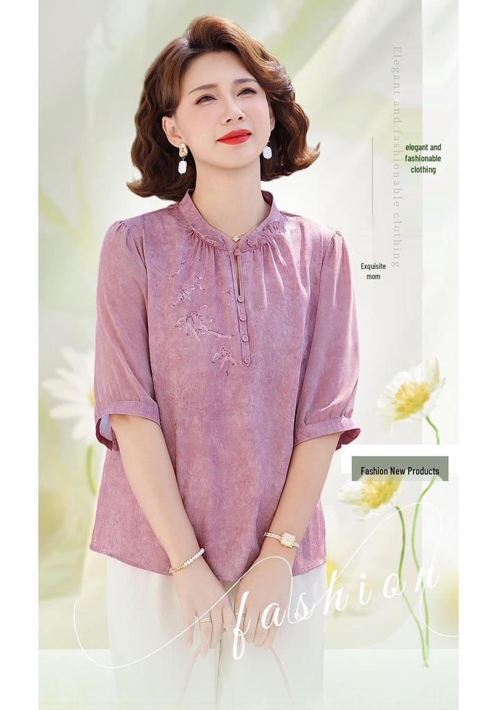 Elegant Anti-Aging Chinese Style Summer T-Shirt, Seven-Point Sleeve for Middle-Aged and Elderly Women