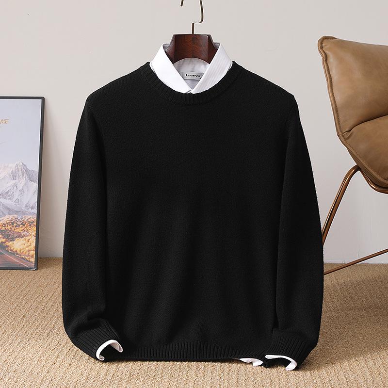 Men's Pure Wool Thickened Winter Pullover - Color Block Round Neck Cashmere Sweater