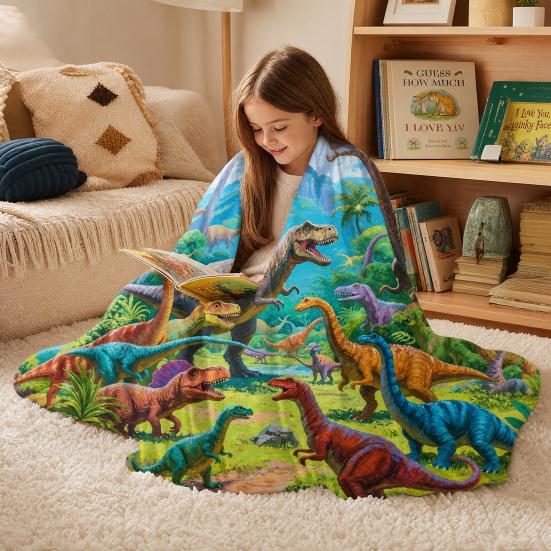 Dinosaur Blanket for Kids, Soft Flannel Throw Blanket with Precision Seams, Double-Sided Warm Nap Blanket, Role-Play Cape Machine Washable Kids