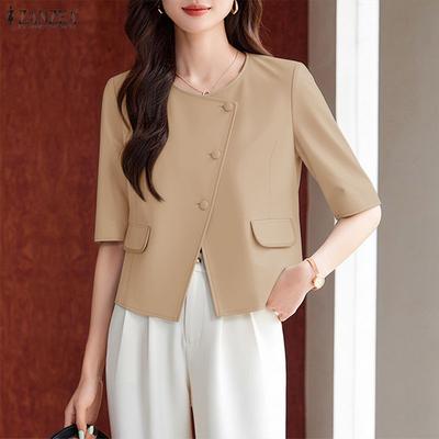 Women Casual Round Neck Solid Color Half Sleeve Blouse