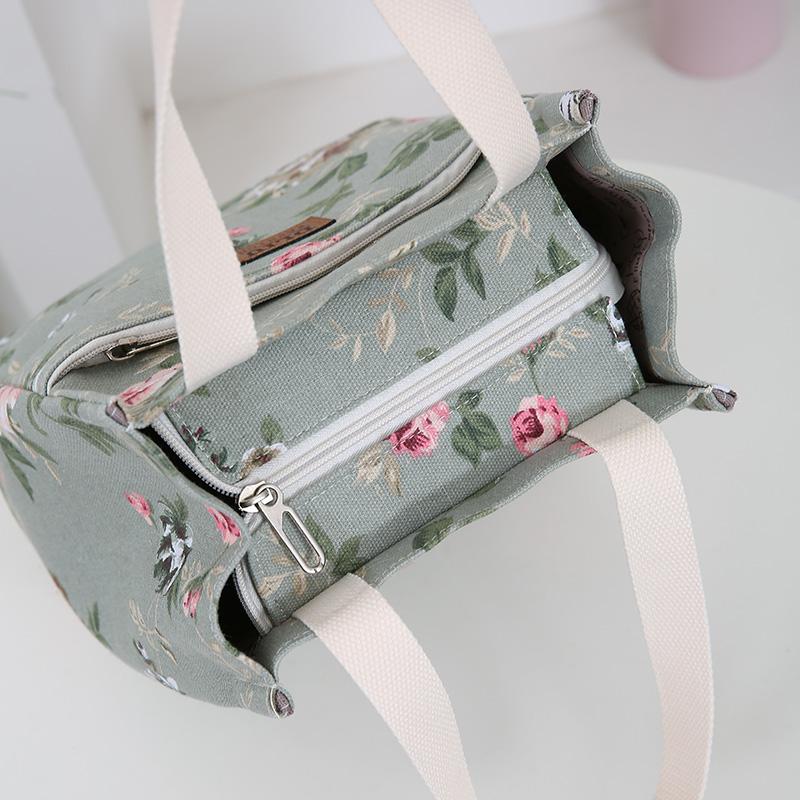 Canvas Flower Printed Fabric Handbag, Work Portable Multi-Pocket Zipper Semi-Closed Daily Clutter Storage Bag, Bento Bag