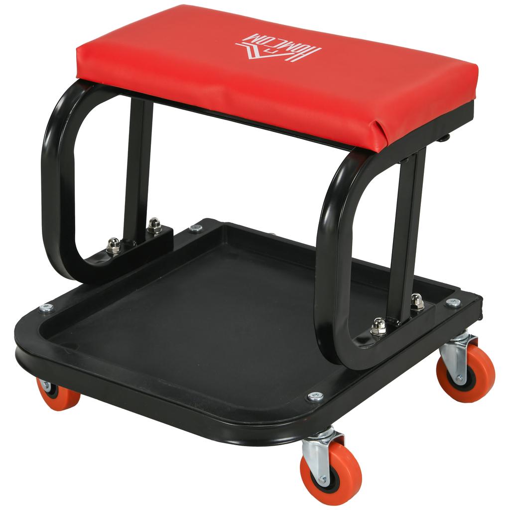 Workshop Stool, Rolling Machine Stool with 360 degrees Swivel, Padded Seat, Tool Tray, Red