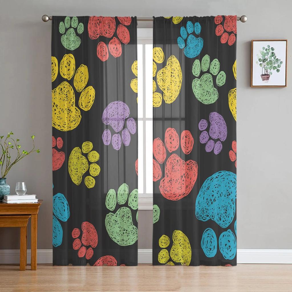 Tulle Curtains for Living Room Dog Paw Black Gray Bedroom Study Window Sheer Curtains Kitchen Balcony Interior Voile Curtains