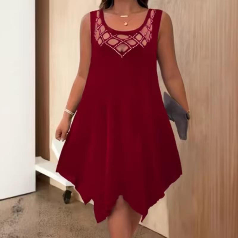 

Women s Sleeveless Rhinestone Cutout Dress Scoop Neck Irregular Hem Loose Casual Party Tunic Sundress 5XL