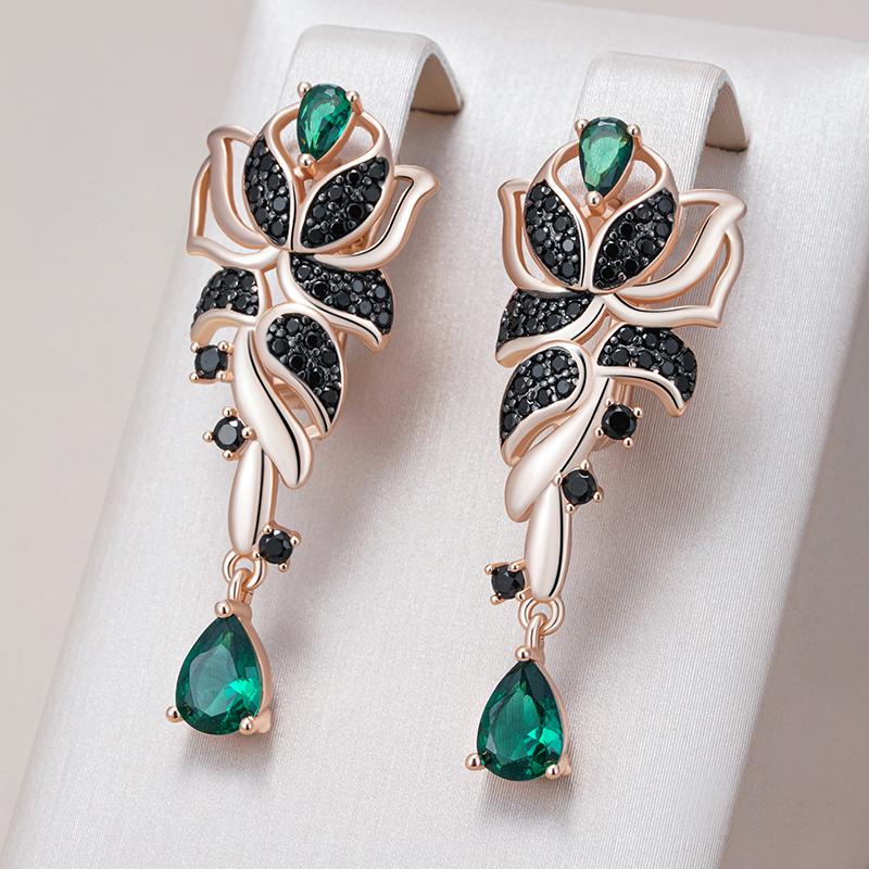 Green With Black Natural Zircon Flower Drop Earrings For Women  Rose Gold And Black Gold Plating Daily Fine Jewelry