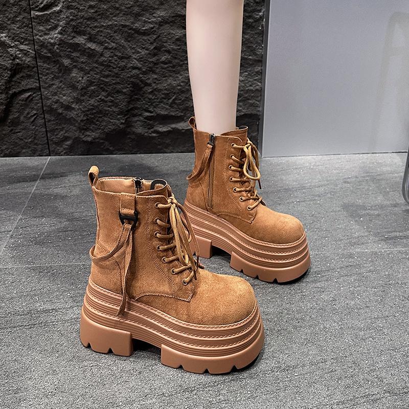 Fashion Women's Chunky Motorcycle Boots Autumn Suede Leather Hidden Heels Sneakers Winter Punk Boots 10CM Heels Platform Mid-calf Boots