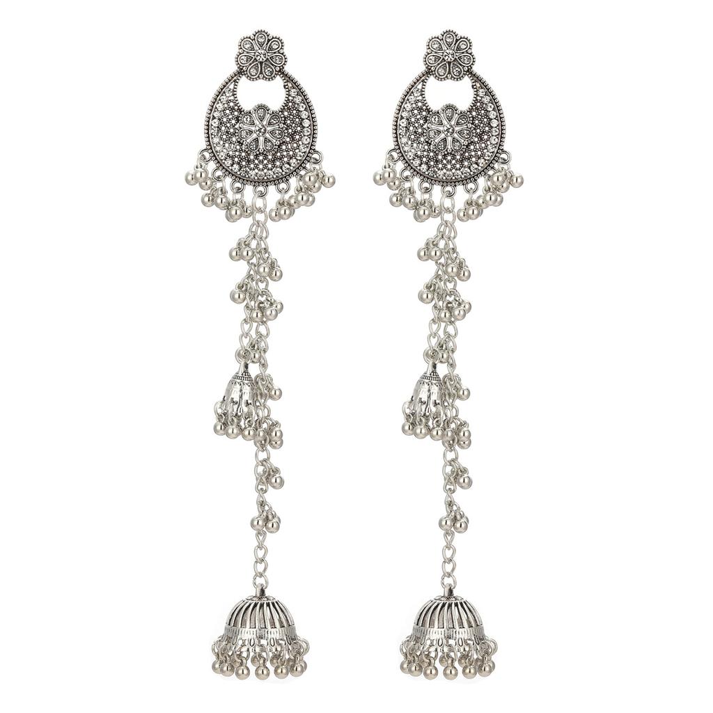 Retro Diamond-Encrusted Bell Long Fringed Flower Earrings, Bohemian Ethnic Style Fashion Design Earrings Women