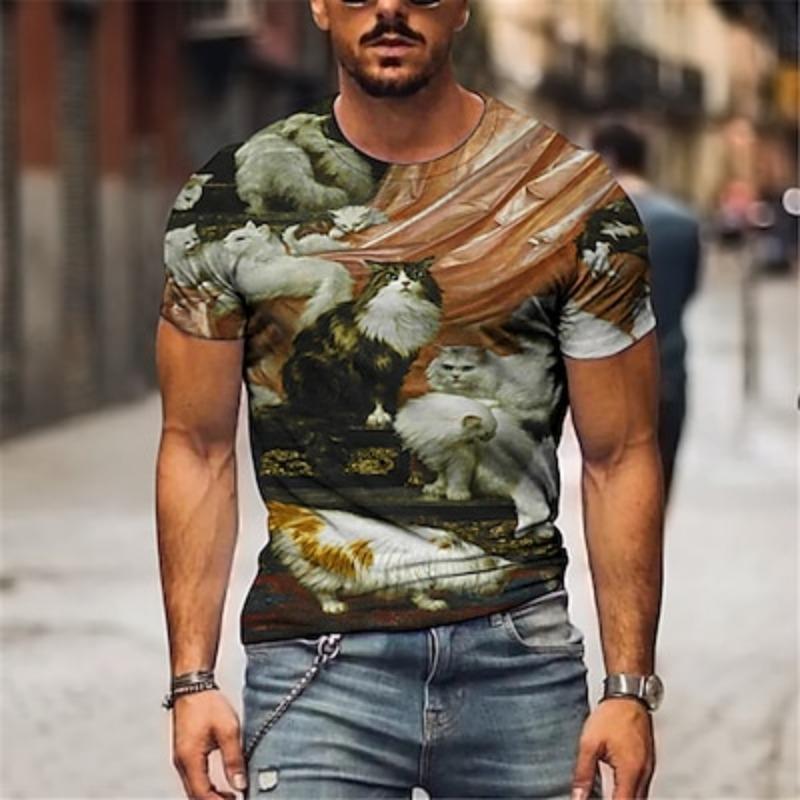 Men's Animal Cat T-shirt Funny T-shirt Short Sleeve T-shirt 3D Printed Captain Neck Shirt Designer Basic Slim Casual Daily