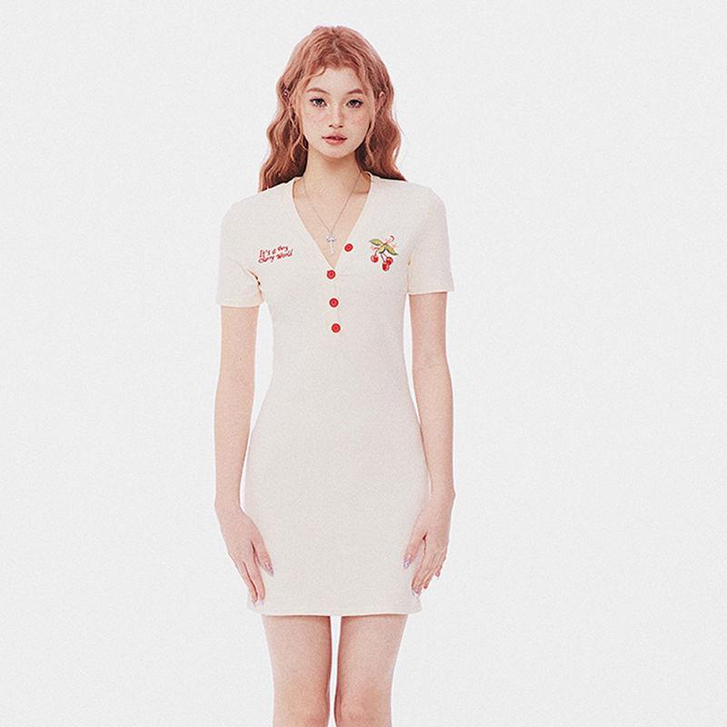 Pure Desire Style Embroidered Cherry Top Spicy Girl Short Style Female Spring and Autumn New Style Slimming and slimming V-neck  Long sleeved T-shirt