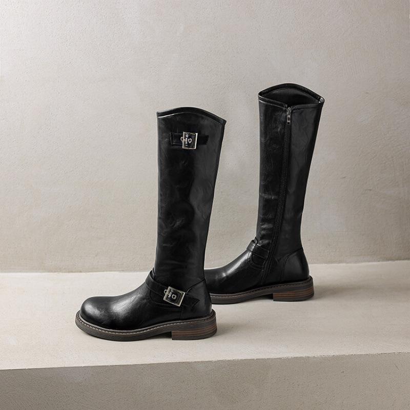 

Осенне-зимние женские рыцарские сапоги на толстой подошве, новые кожаные сапоги больших размеров, с круглым носком, на низком каблуке, с квадратным каблуком, удобные, с боковой молнией, высокие сапоги 39 чёрный