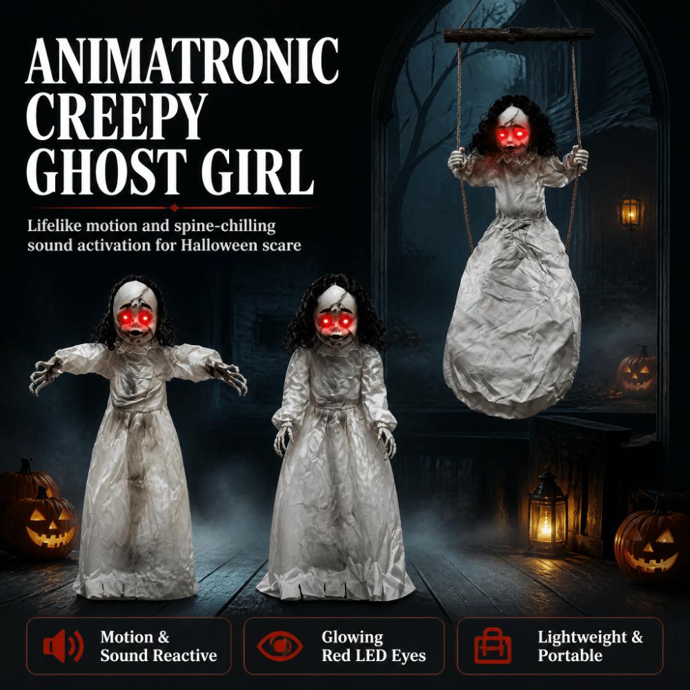 Glowing Eyes Walking Girl Doll White Clothes Swing Hanging Ghost Haunted House Prop  Entryway