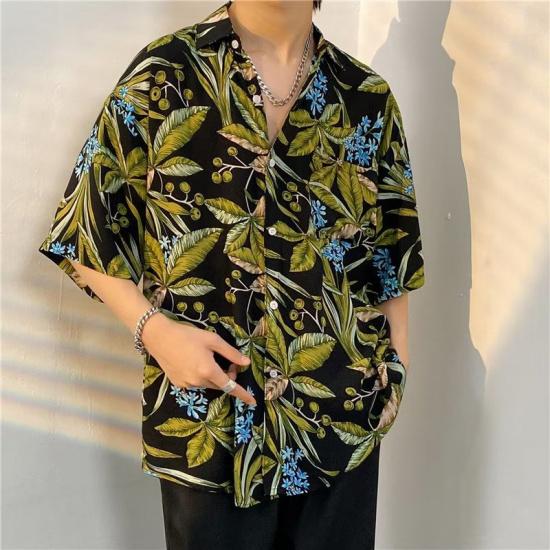 Summer lightweight Hawaiian floral short-sleeve shirt, loose casual shirt
