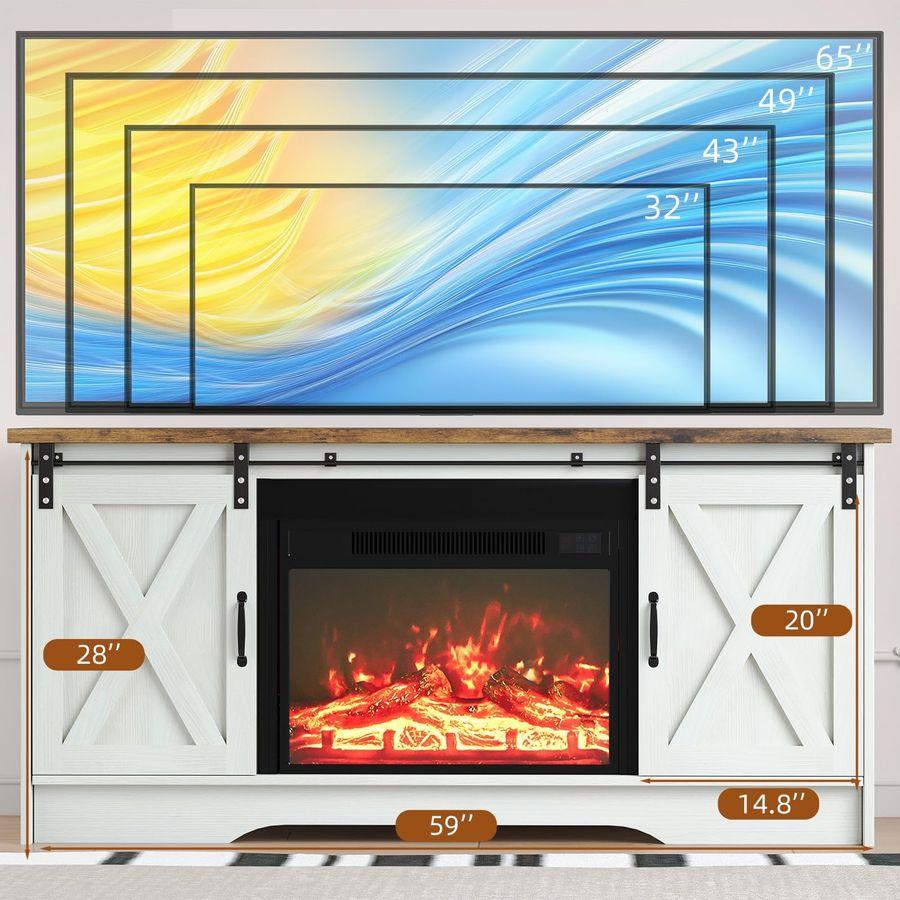 Fireplace TV Stand with Sliding Barn Door, 23 Electric Fireplace Entertainment Center with Adjustable Storage Cabinets, Farmhous