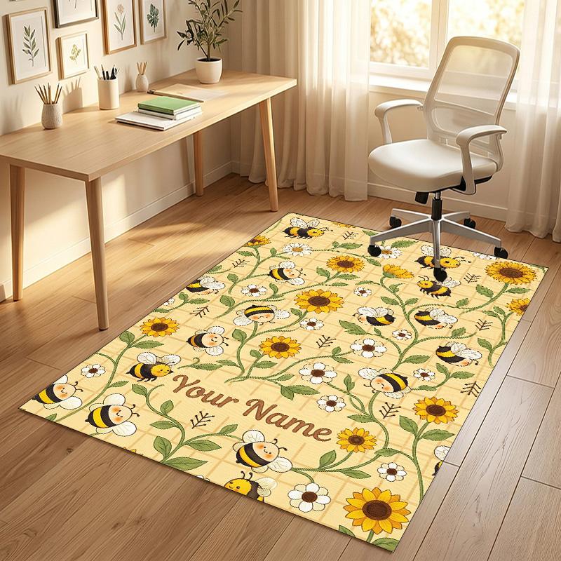 Bee Floral Theme Soft Crystal Velvet Rug Custom Name & Text Print Non Slip Floor Rug for Bedroom Living Room