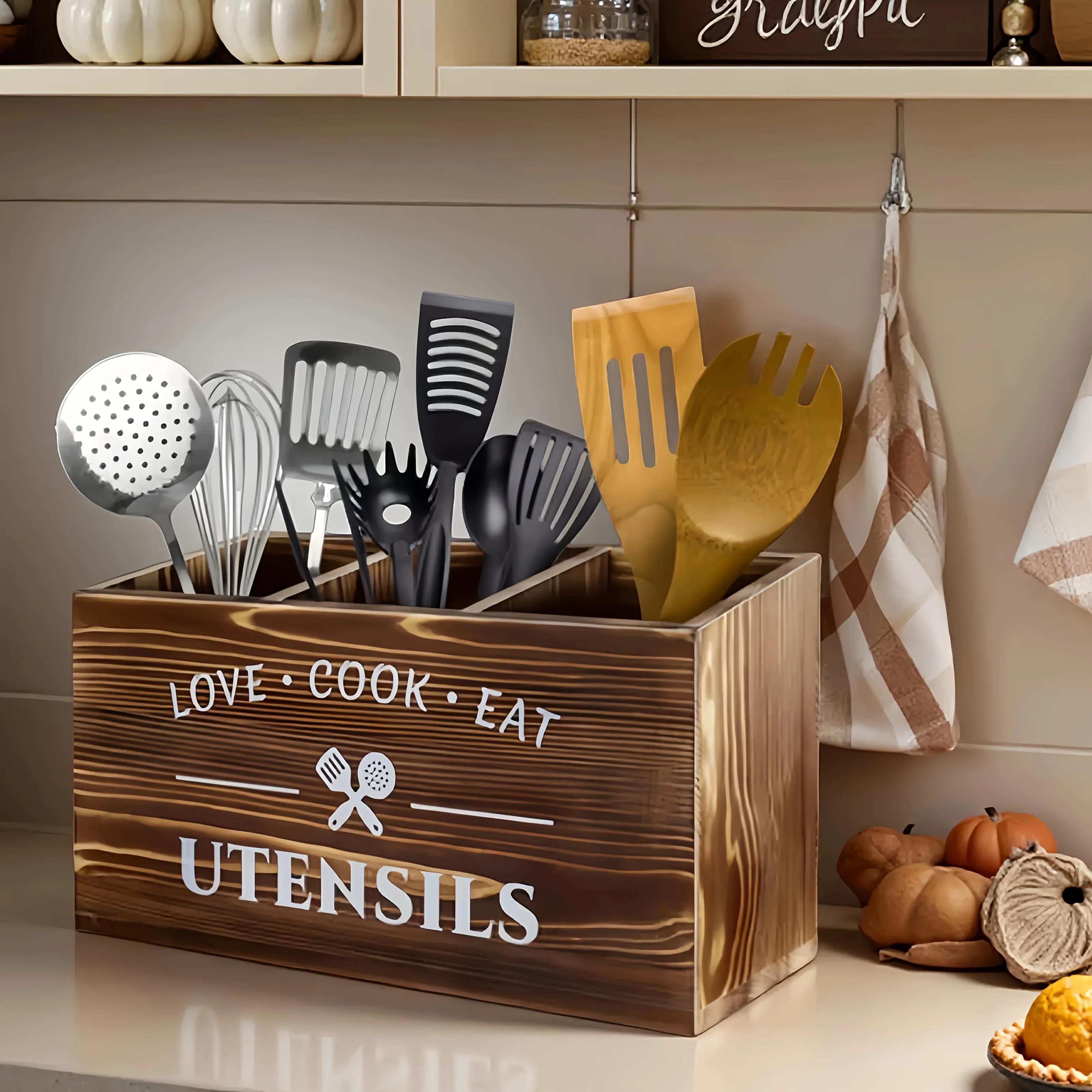 

Wooden Utensil Organizer Box with Grid Compartments Recycled Wood and Metal Multi-Purpose Storage for Kitchen Desk Bedroom коричневый