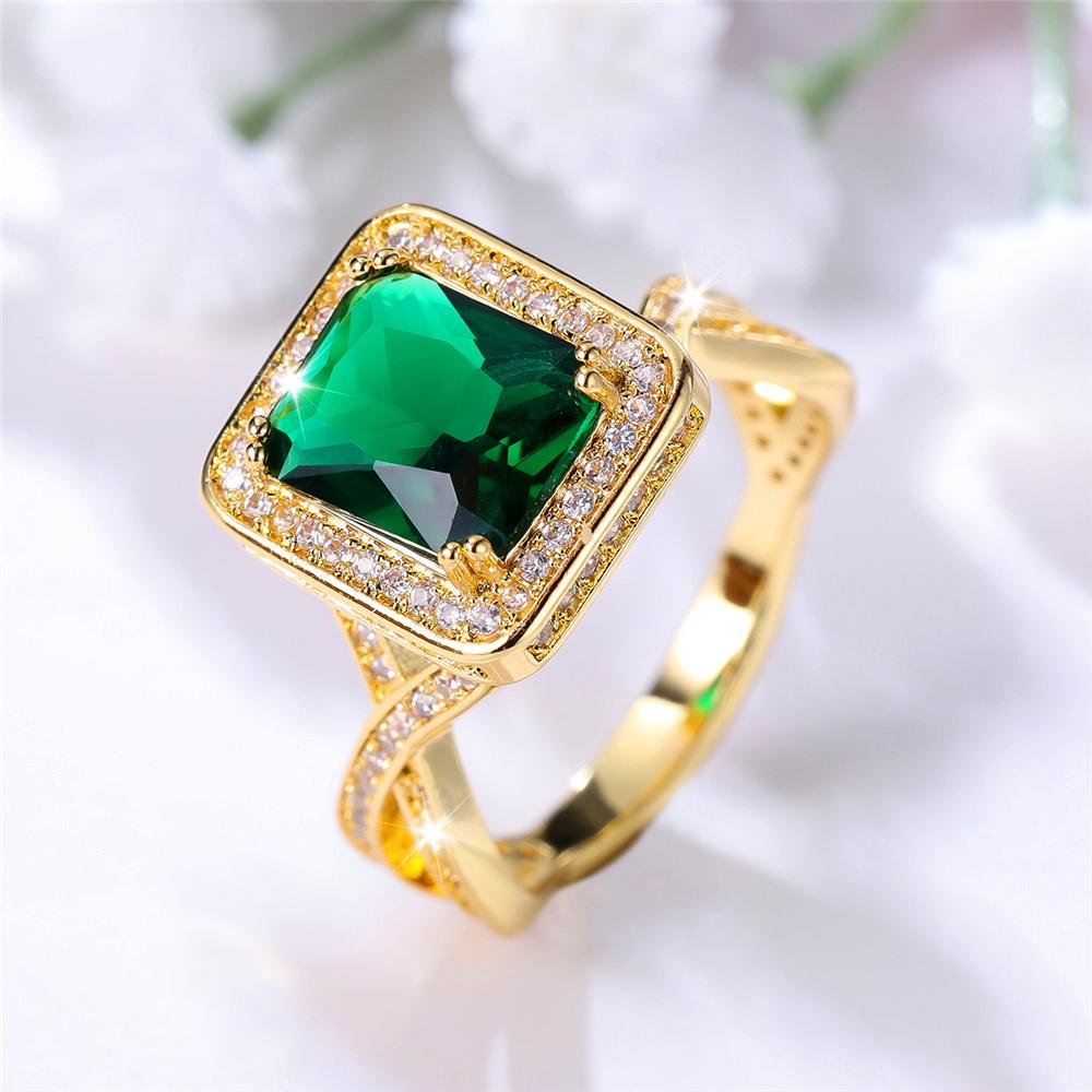 Cute Female Green Stone Square Ring Vintage Yellow Gold Color Wedding Jewelry For Women