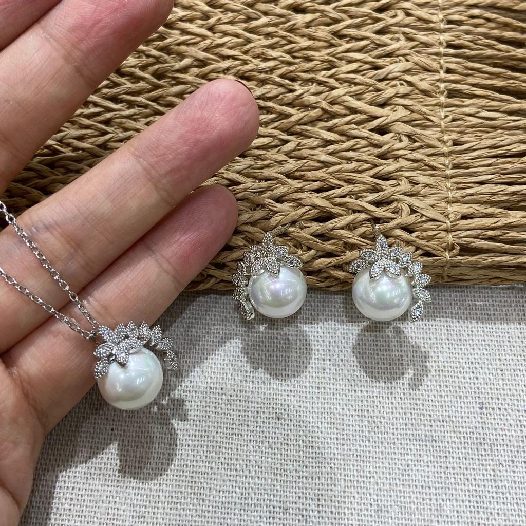 Sweet Pastoral Tree Leaf Ear Jewelry, Flower Diamond Stud Earrings Necklace, Creative Jewelry For Girls