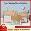 Retro Solid Color Burlap Handbag with Open Window and Print Logo