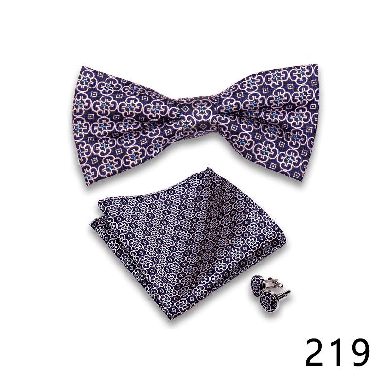 Men's Formal Bow Tie and Pocket Square Set for Banquets and Weddings, with Lapel Flower.
