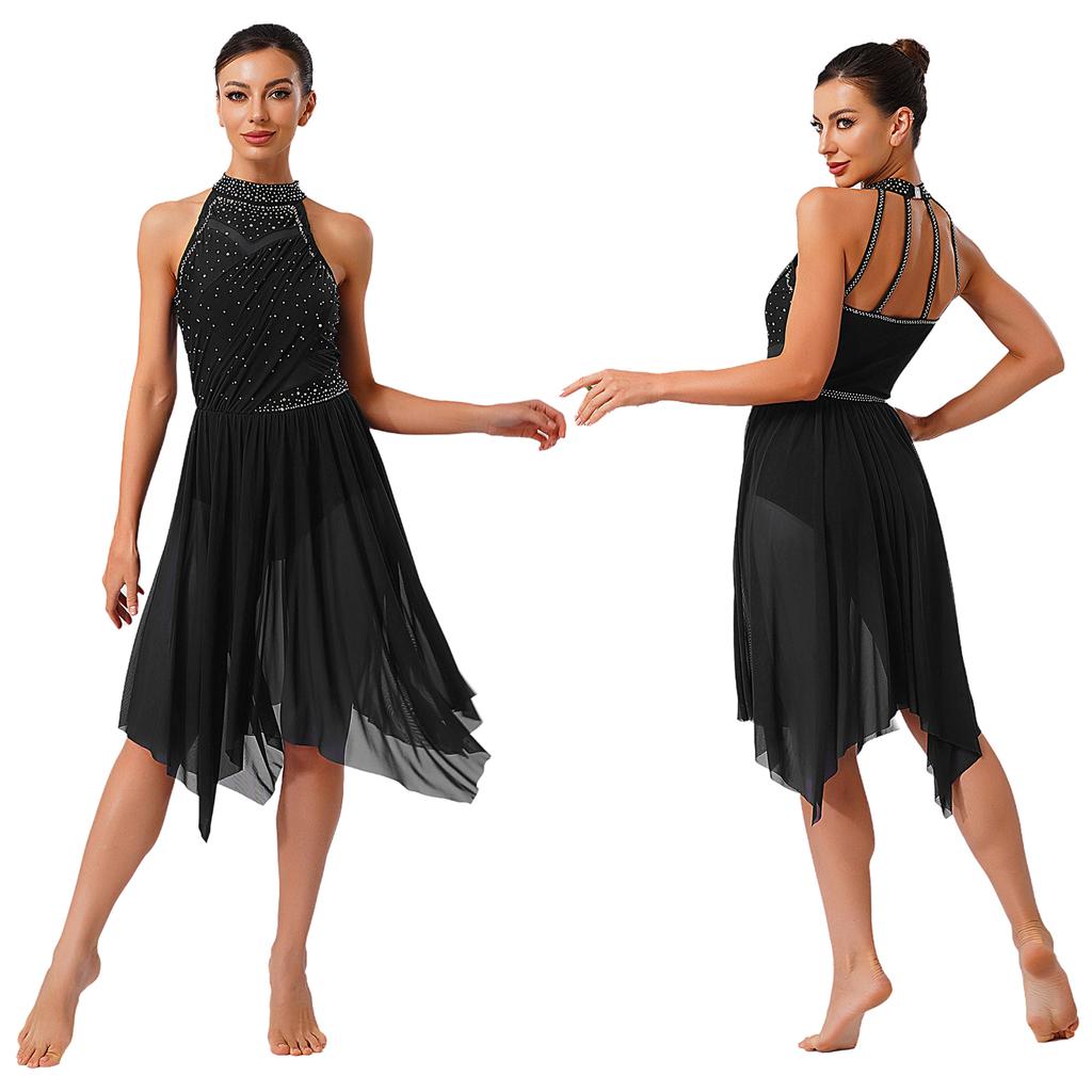 Premium Lyrical Dance Costume for Women S-XXL Halter Rhinestone Dress with Mesh Ruffled Skirt for Competition & Classes